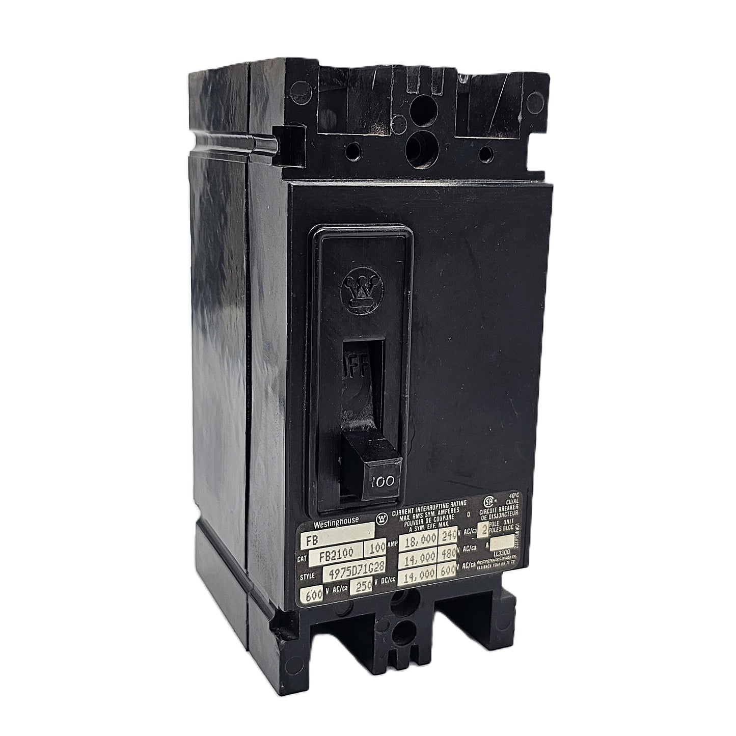 Westinghouse FB2100 Molded Case Circuit Breaker 2-Poles 100Amps 600VAC Bolt-On