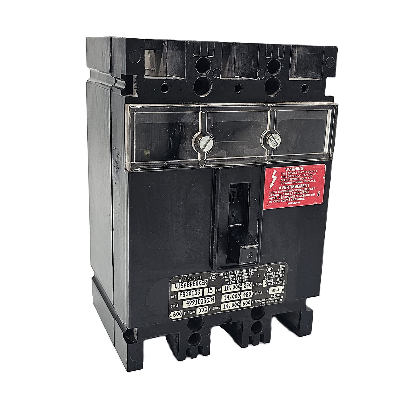 Westinghouse FB3015S Molded Case Circuit Breaker 3-Poles 15Amps 600VAC Bolt-On