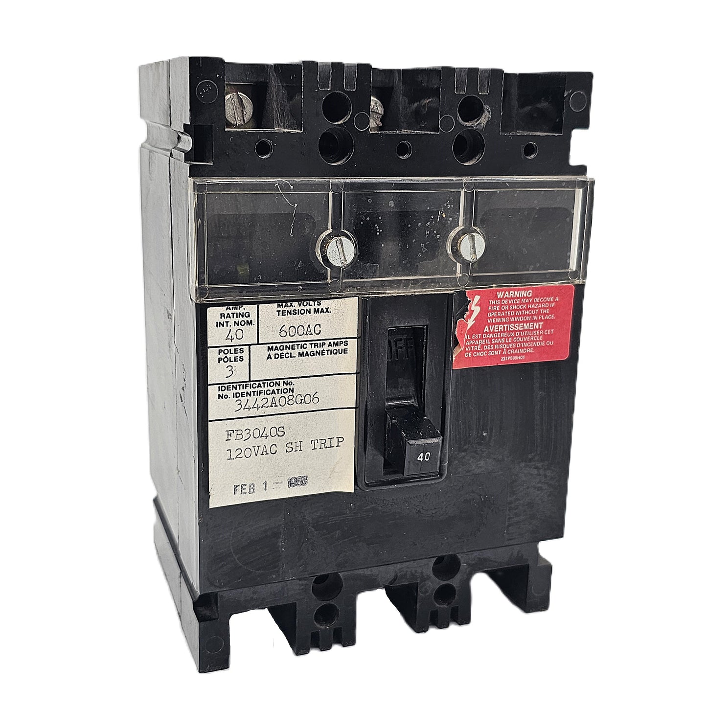 Westinghouse FB3040S Molded Case Circuit Breaker with Shunt Trip 3-Poles 40Amps 600VAC Bolt-On