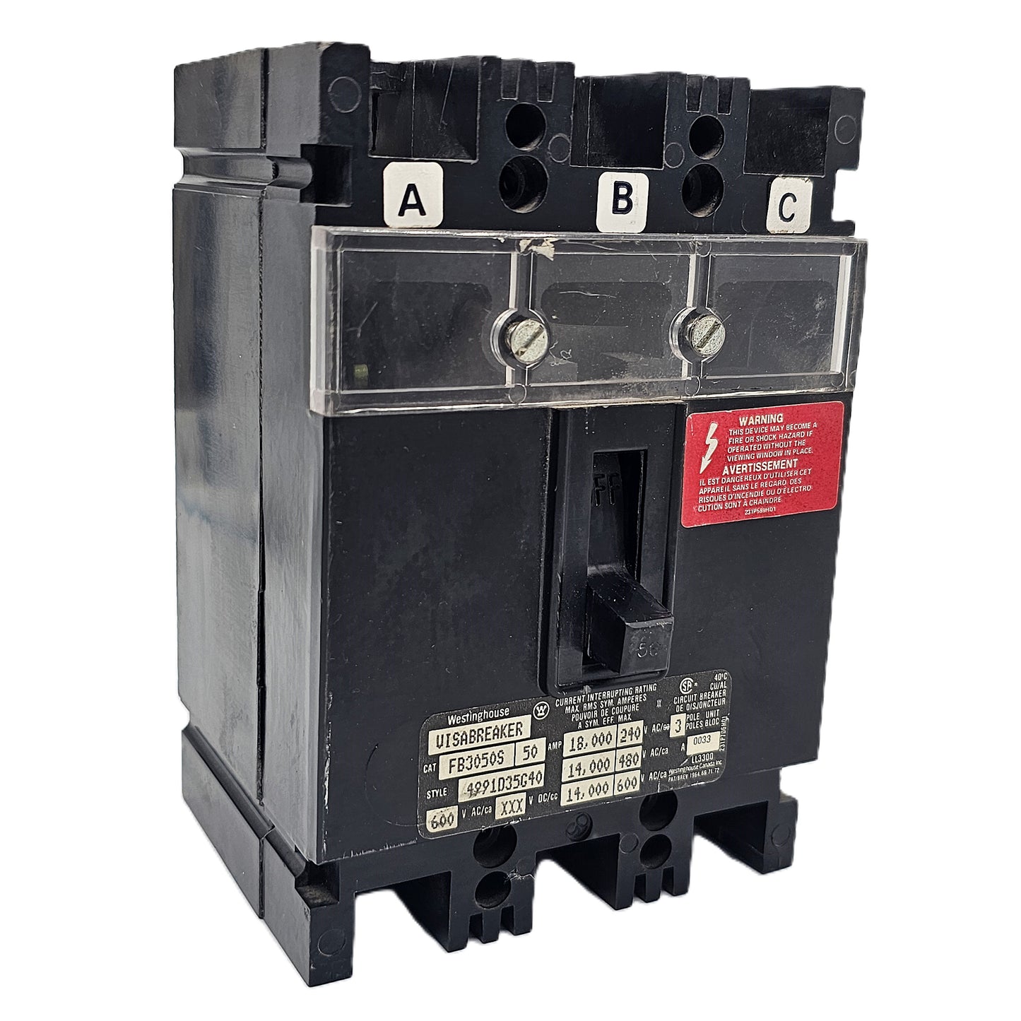 Westinghouse FB3050S Molded Case Circuit Breaker 3-Poles 50Amps 600VAC Bolt-On