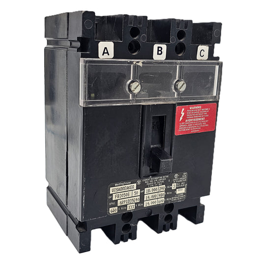 Westinghouse FB3050S Molded Case Circuit Breaker 3-Poles 50Amps 600VAC Bolt-On