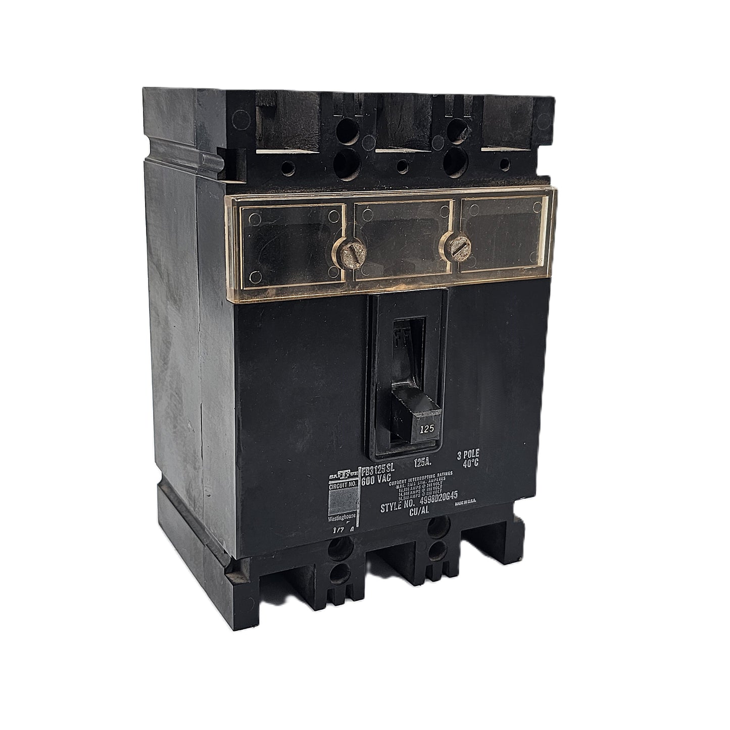 Westinghouse FB3125SL Molded Case Circuit Breaker 3 Poles, 125amps, 600vac Bolt-On