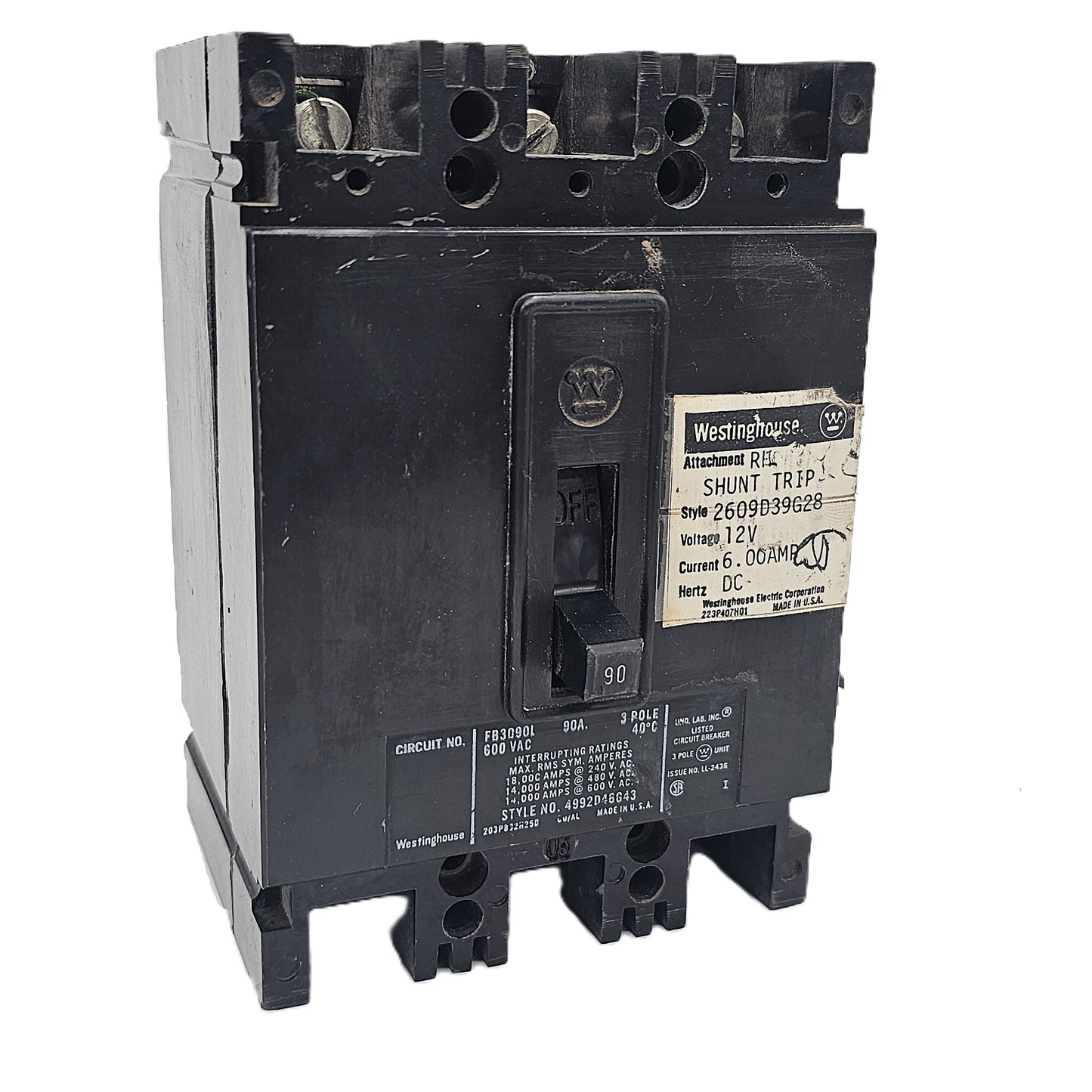 Westinghouse FB3090L Molded Case Circuit Breaker with 12V Shunt Trip 3-Pole 90Amps 600VAC Bolt-On