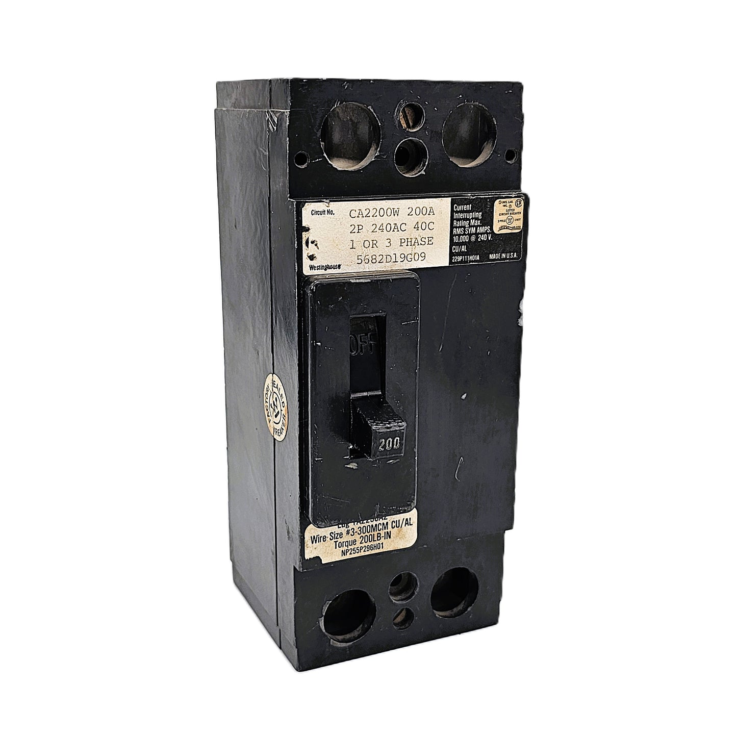 Westinghouse CA2200W Molded Case Circuit Breaker 2-Poles 200Amps 240 VAC Bolt-On