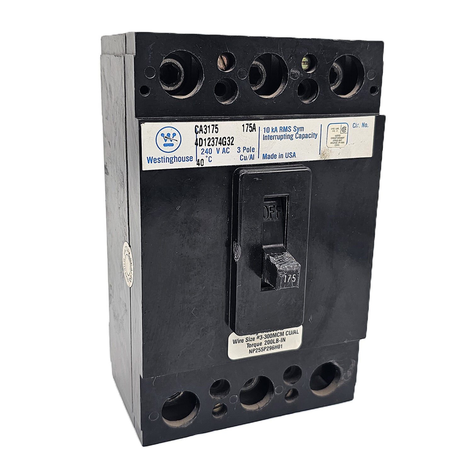 Westinghouse CA3175 Molded Case Circuit Breaker 3-Poles 175Amps 240 VAC Bolt-On