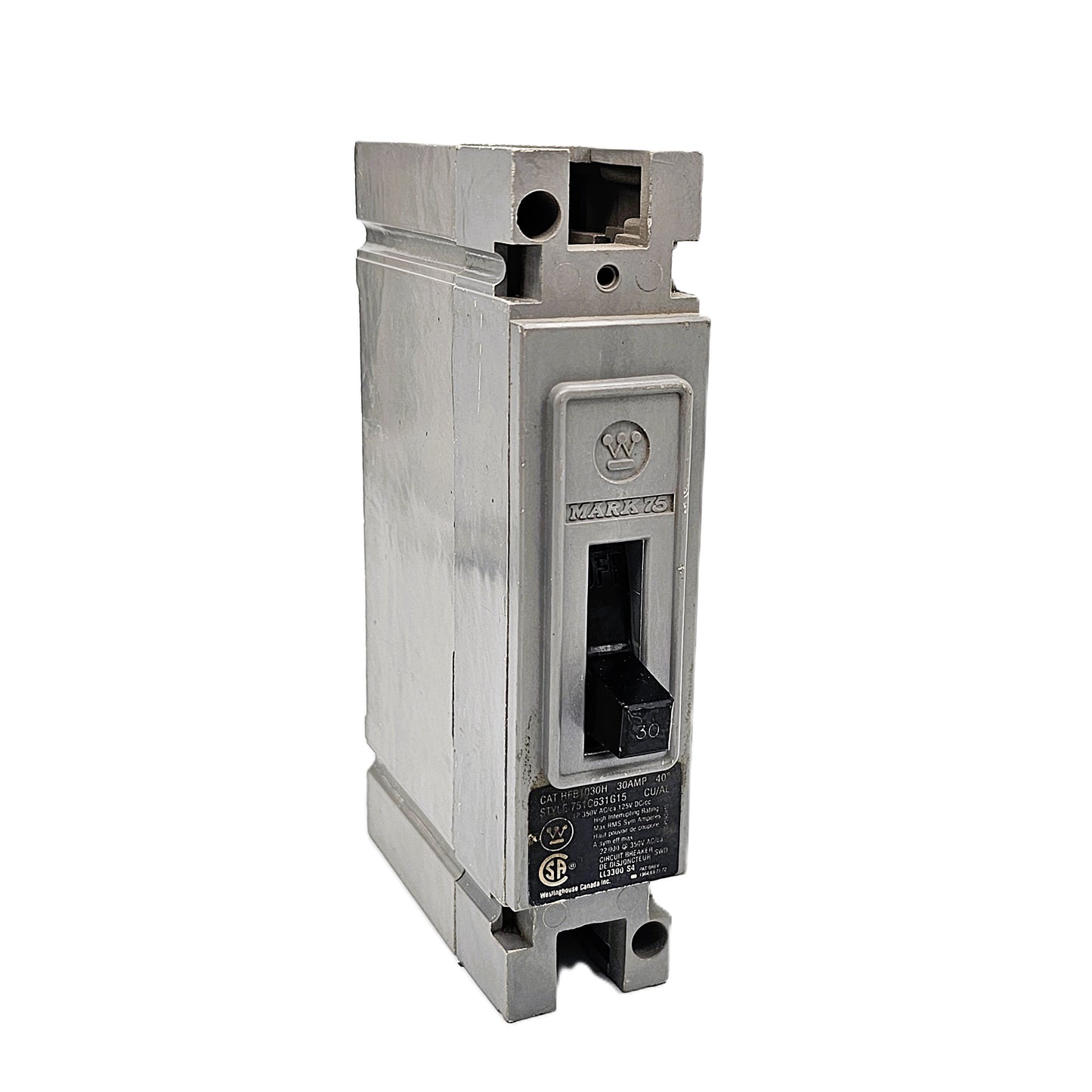 Westinghouse HFD1030H Molded Case Circuit Breaker 1-Pole 30 Amps 240 VAC Bolt-On