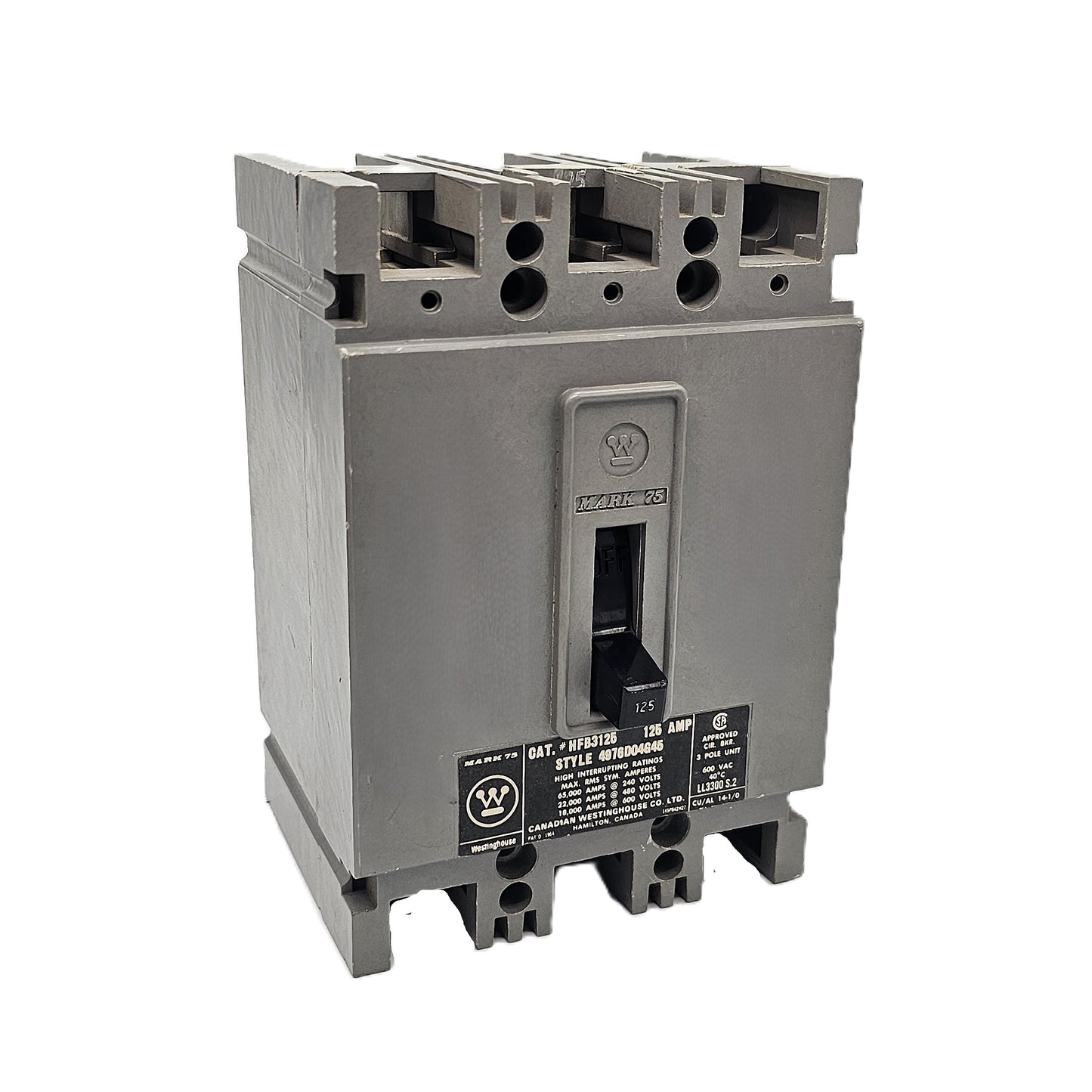 Westinghouse HFB3125 Circuit Breaker 3-poles 125Amps 600VAC Bolt-On