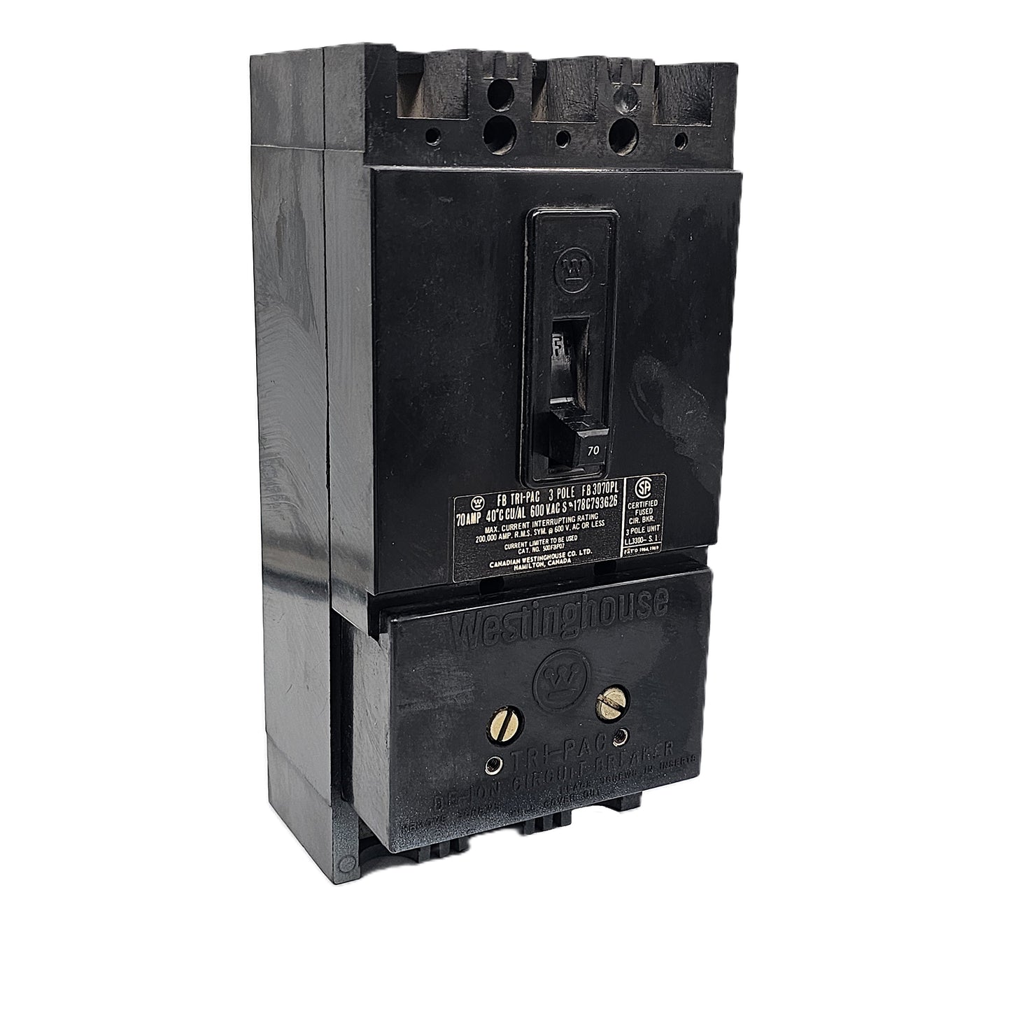Westinghouse FB3070PL Circuit Breaker 3-Poles 70Amps 600VAC Bolt-On