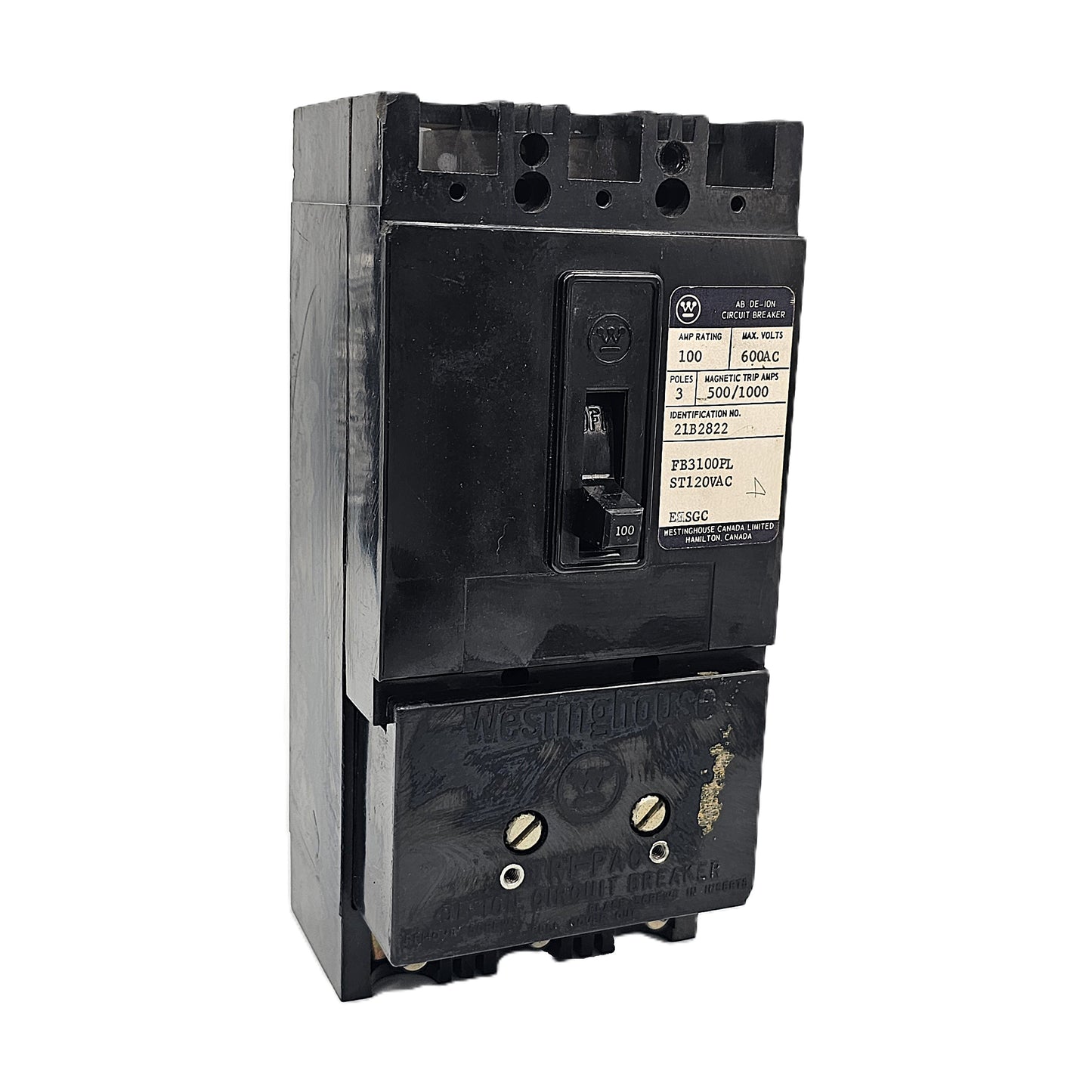 Westinghouse FB3100PL Circuit Breaker 3-poles 100Amps 600VAC Bolt-On