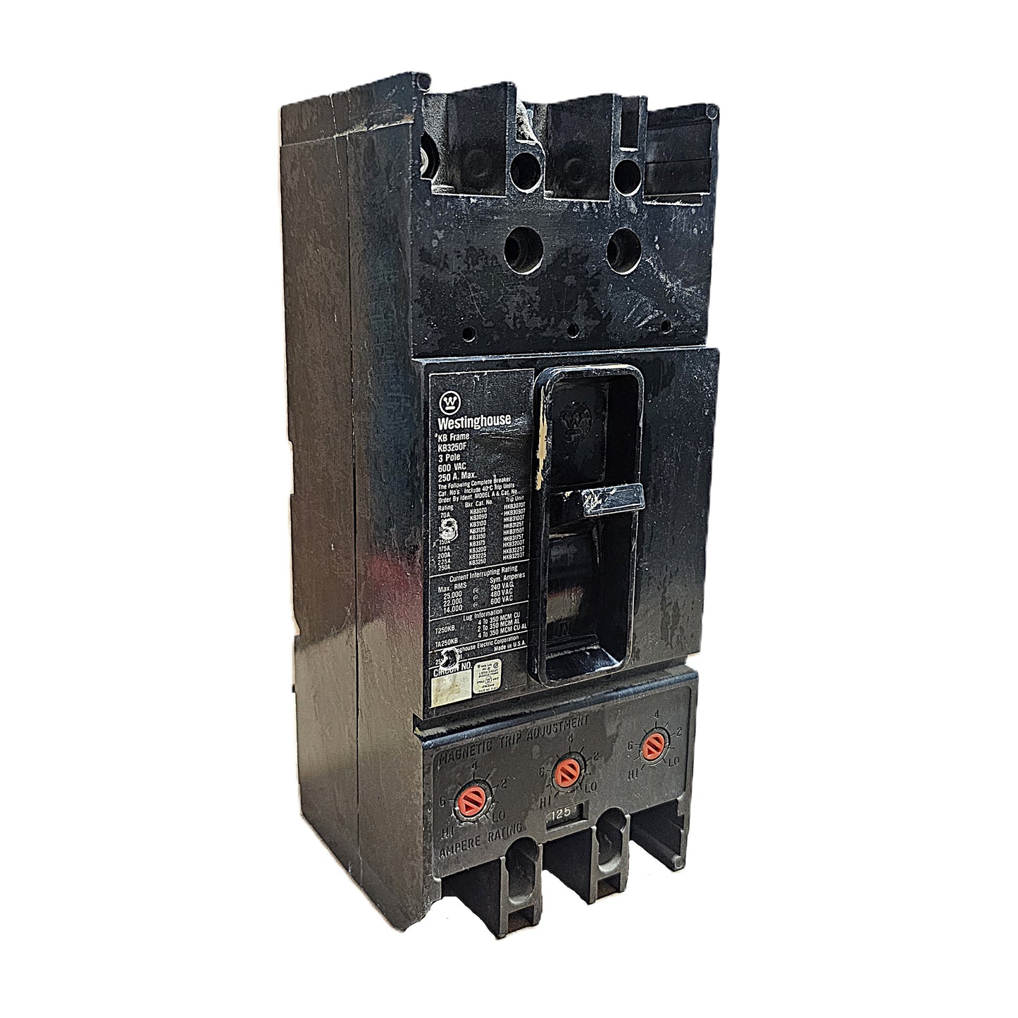 Westinghouse KB3250F Circuit Breaker 3-POLE,  250 AMPS MAX, 600VAC