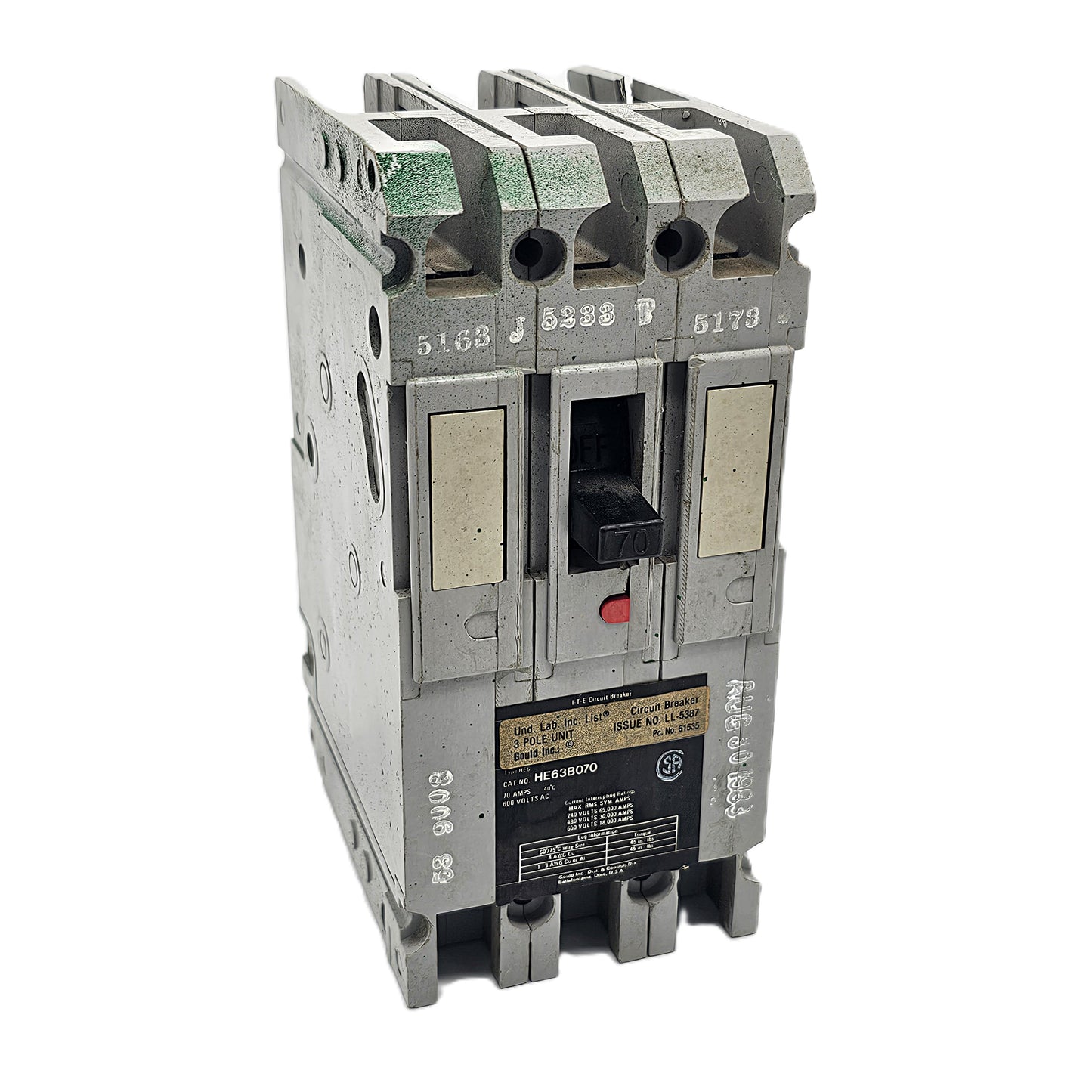 Cutler-Hammer HE63B070 Circuit Breaker 3-Poles 70Amps Bolt-On