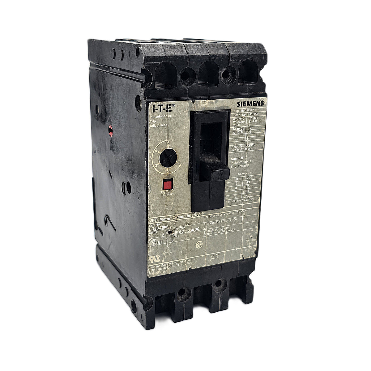 Siemens I-T-E ED36A002 Motor Circuit Protector 3-Poles 20Amps Bolt-On