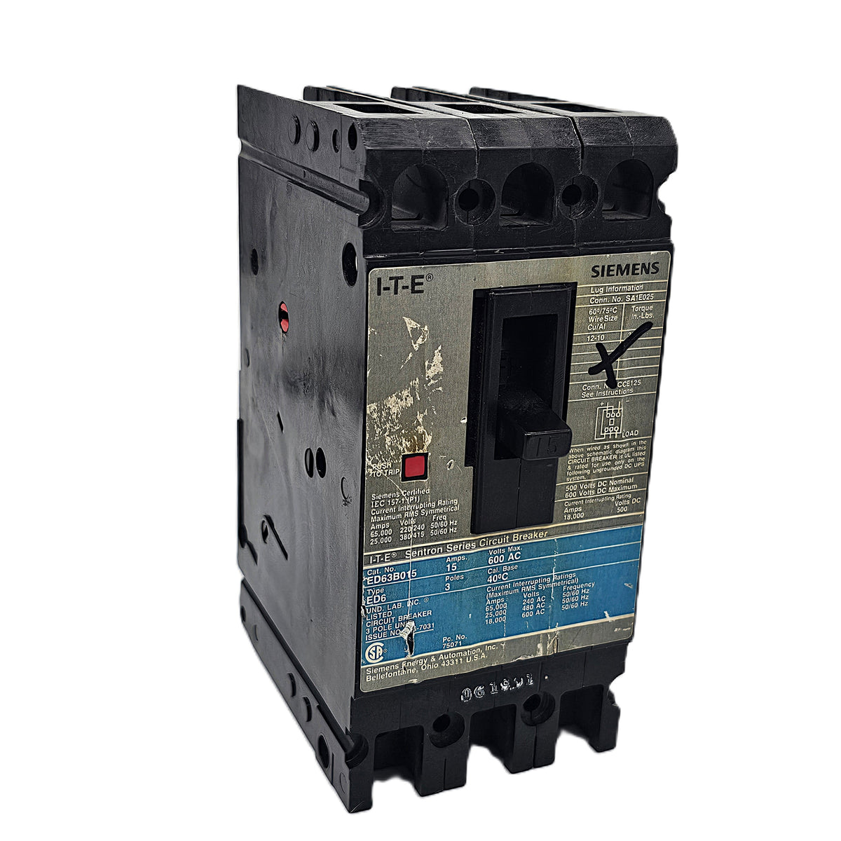 Siemens I-T-E ED63B015 Molded Case Circuit Breaker 3-Pole 15Amps Bolt-On