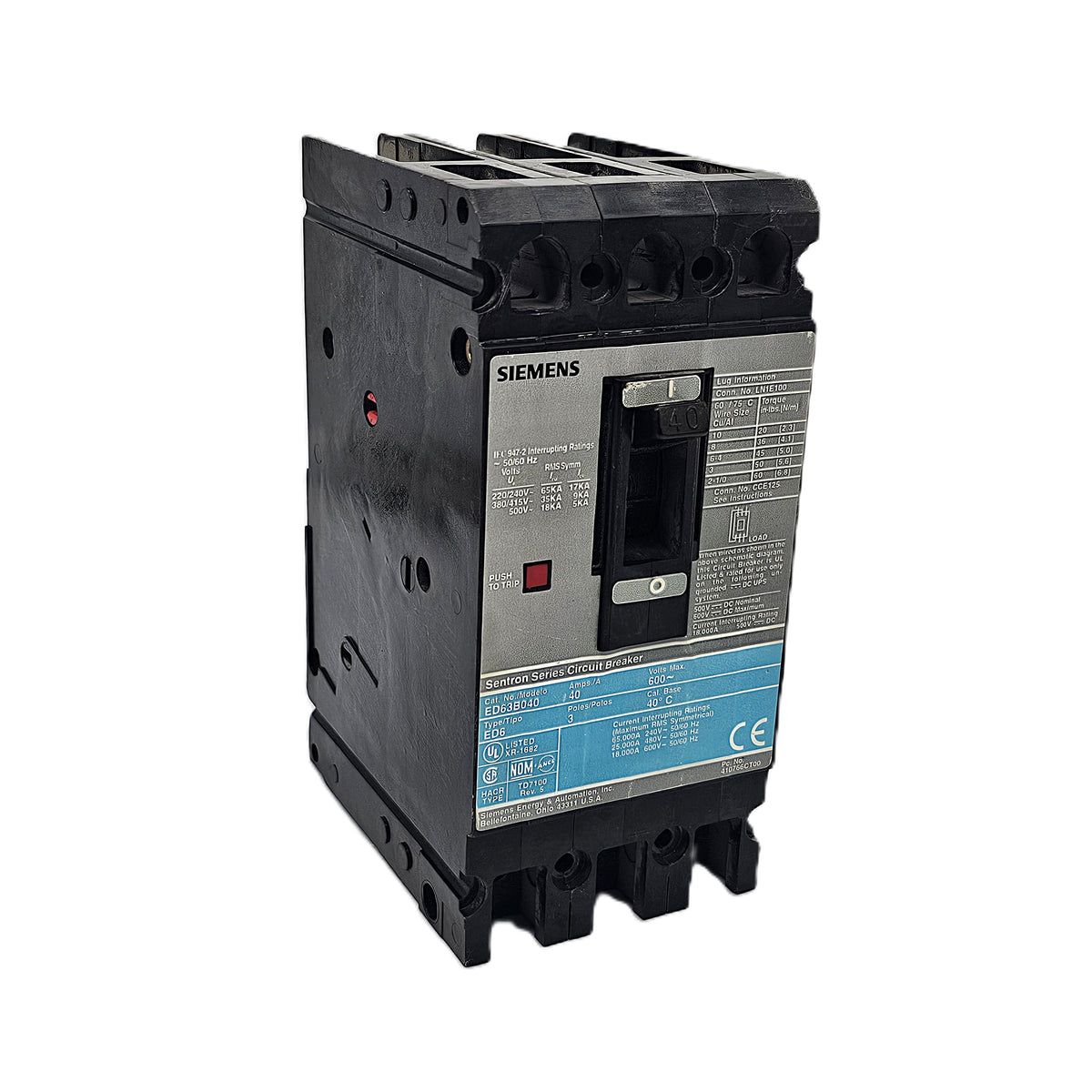 Siemens ED63B040 Sentron Series Molded Case Circuit Breaker 3-Poles 40Amps Bolt-On