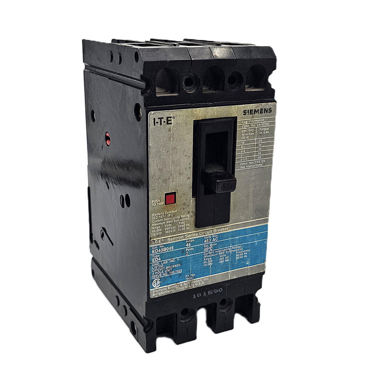 Siemens ED648045 Sentron Series Molded Case Circuit Breaker 3-Poles 45Amps Bolt-On