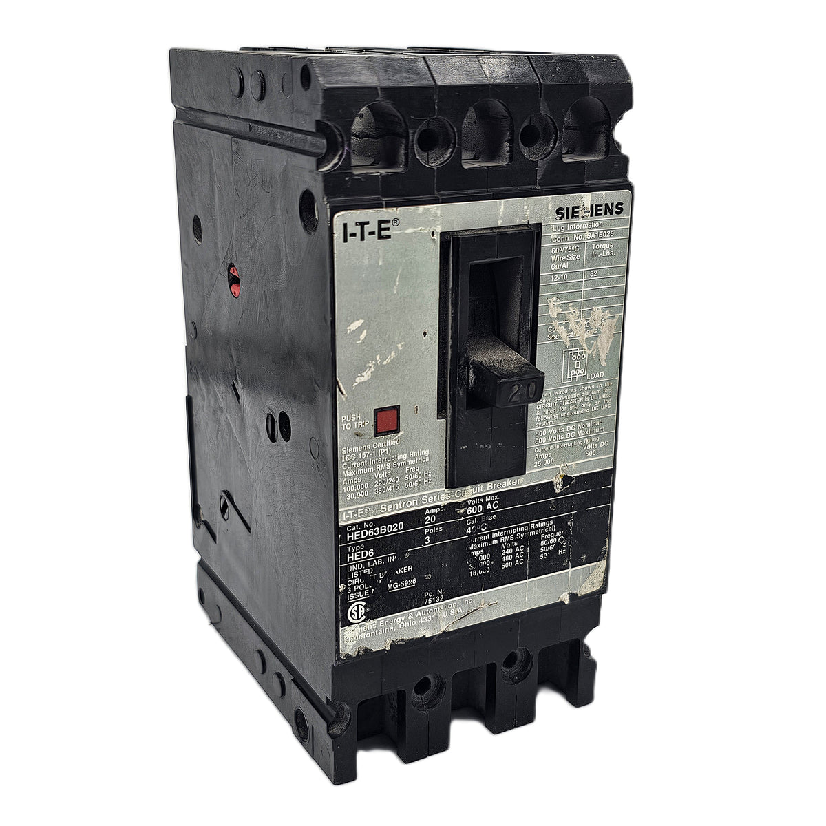 Siemens HED63B020 Circuit Breaker 3-Poles 20Amps 600VAC Bolt-On
