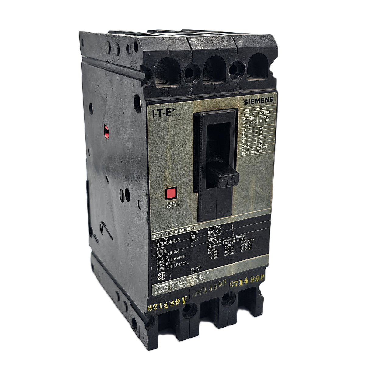 Siemens HED63B030 Circuit Breaker 3-Poles 30Amps 600VAC Bolt-On