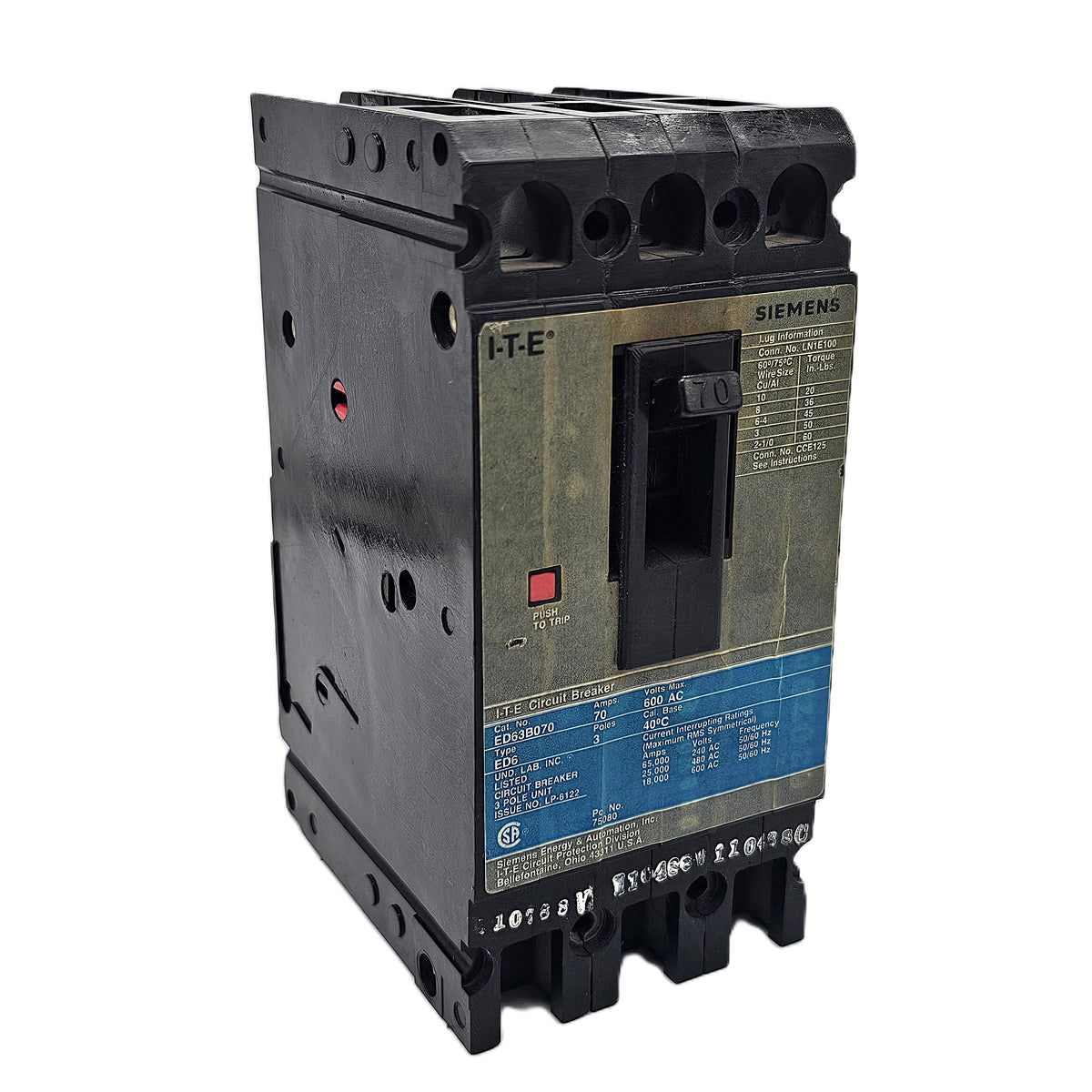 Siemens ED63B070 Circuit Breaker 3-Pole, 70 Amp, 600 VAC, 40kAIC, Bolt-On