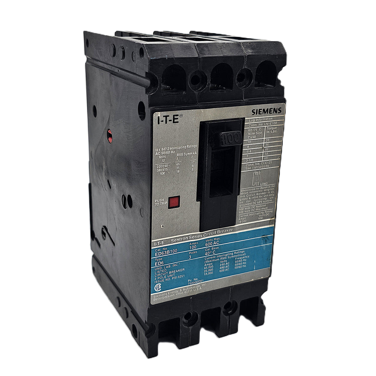 Siemens ED63B100 Circuit Breaker 3-Pole, 100 Amp, 600 VAC, 25kAIC, Bolt-On