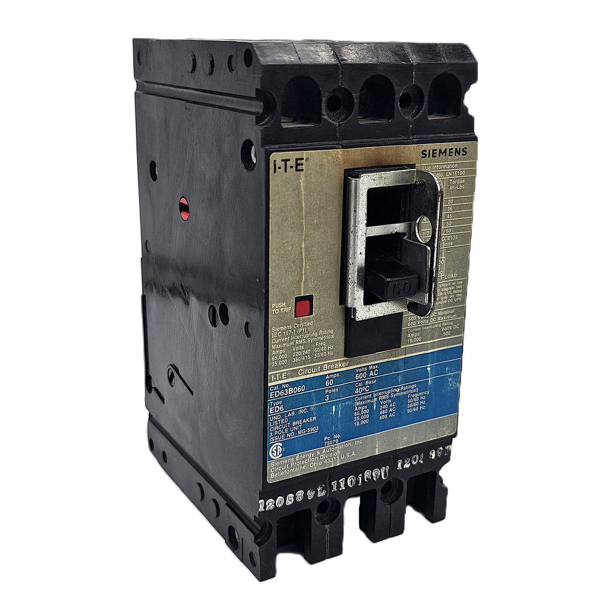 Siemens ED63B060 Circuit Breaker 3-Pole, 60 Amp, 600 VAC, 25kAIC, Bolt-On