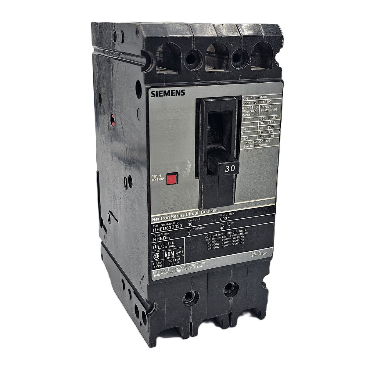 Siemens HHED63B030 Circuit Breaker 3-Pole, 30 Amp, 600 VAC, 25kAIC @ 480V, Bolt-On