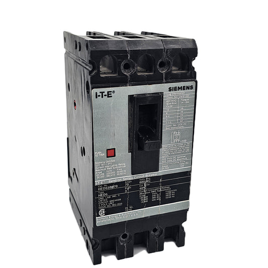 Siemens HED63B070 Circuit Breaker 3-Pole, 70 Amp, 600 VAC, 65kAIC @ 480V, Bolt-On