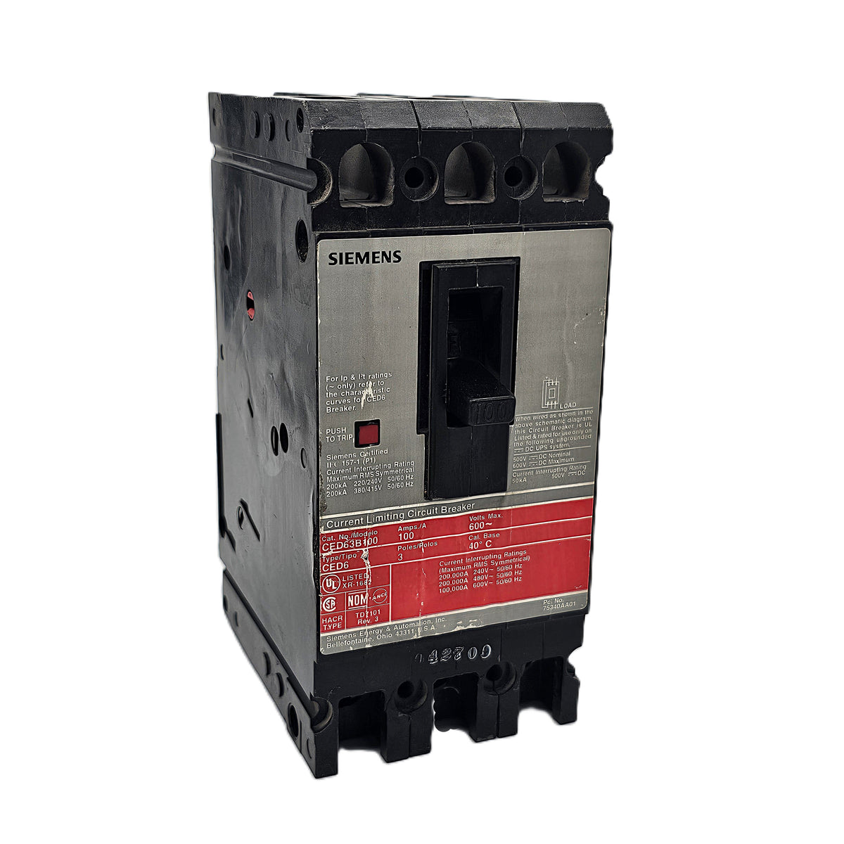 Siemens CED63B100 Circuit Breaker 3-Pole, 100 Amp, 600 VAC, 200kAIC @ 240V, 100kAIC @ 480V, Current Limiting, Bolt-On