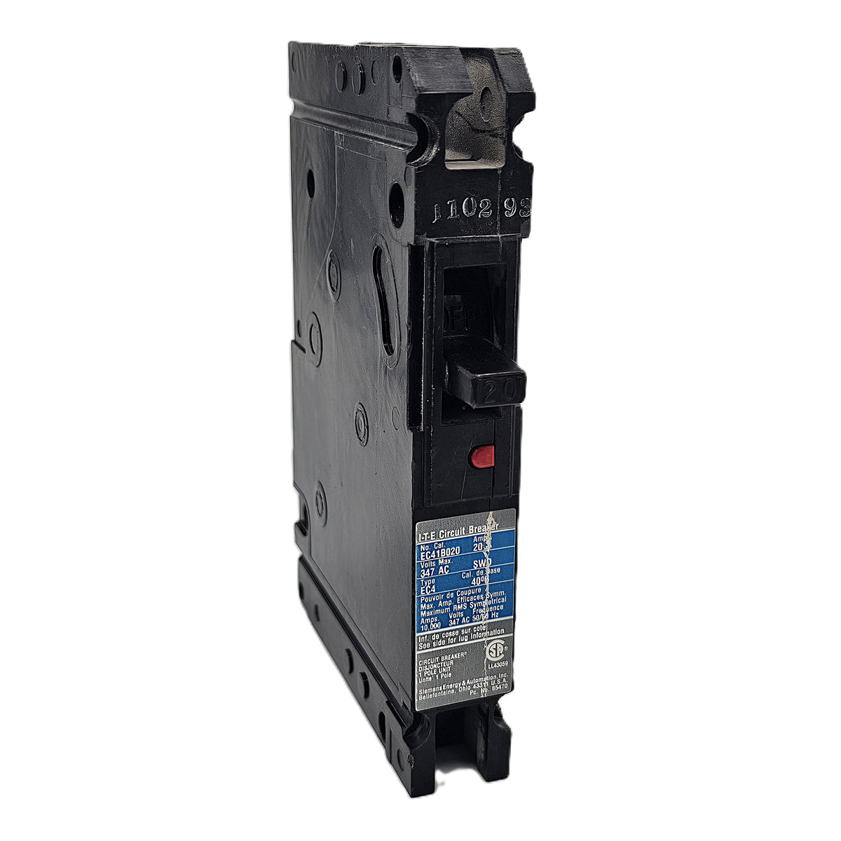 Siemens EC41B020 Circuit Breaker 1-Pole, 20 Amp, 347V AC, 10kAIC, Bolt-On