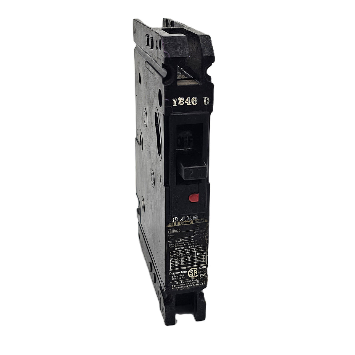 I-T-E / Siemens E61B020 Circuit Breaker 1-Pole, 20 Amp, 120/240V AC, Plug-On