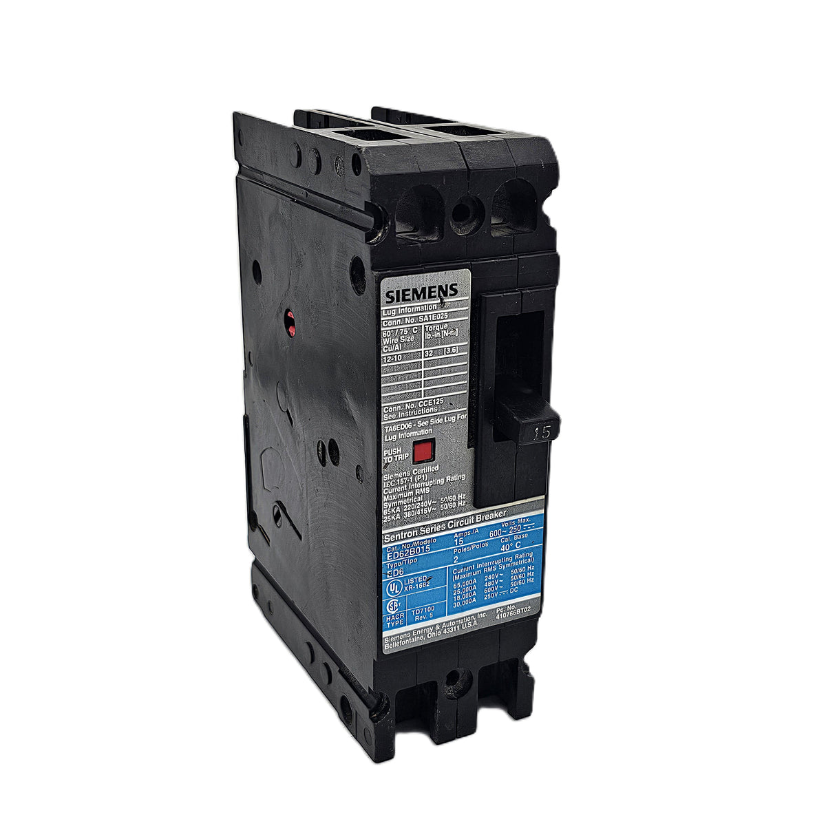Siemens ED62B015 Circuit Breaker 2-Pole, 15 Amp, 600V AC, Bolt-On