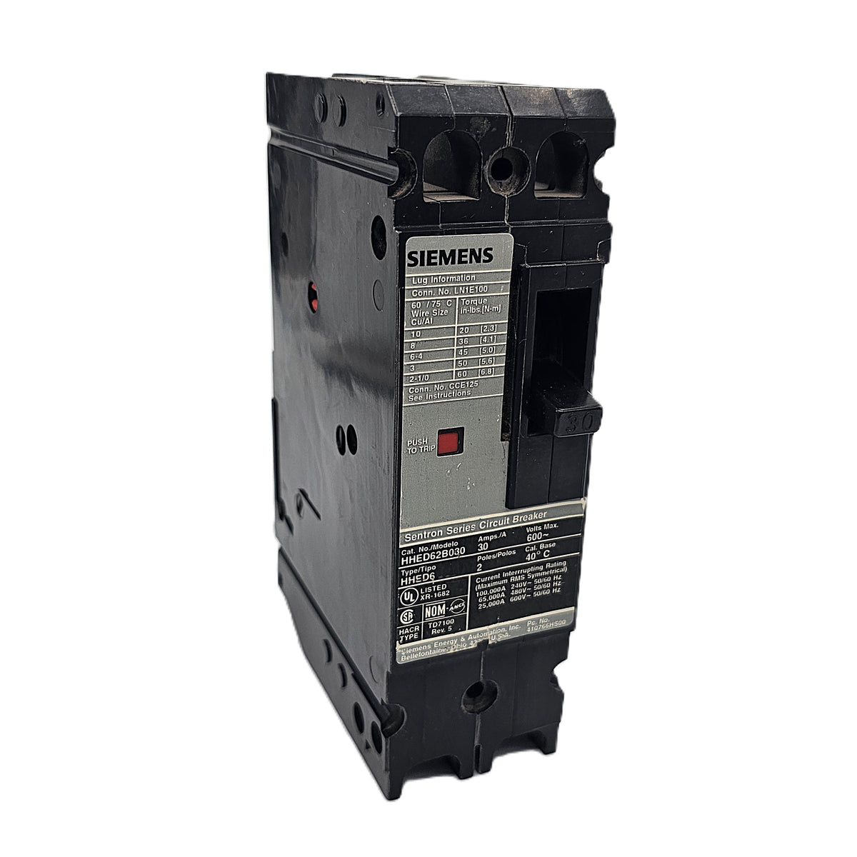Siemens HHED62B030 Circuit Breaker 2 Pole, 30 Amp, 600V AC, Bolt-On, HED6 Frame