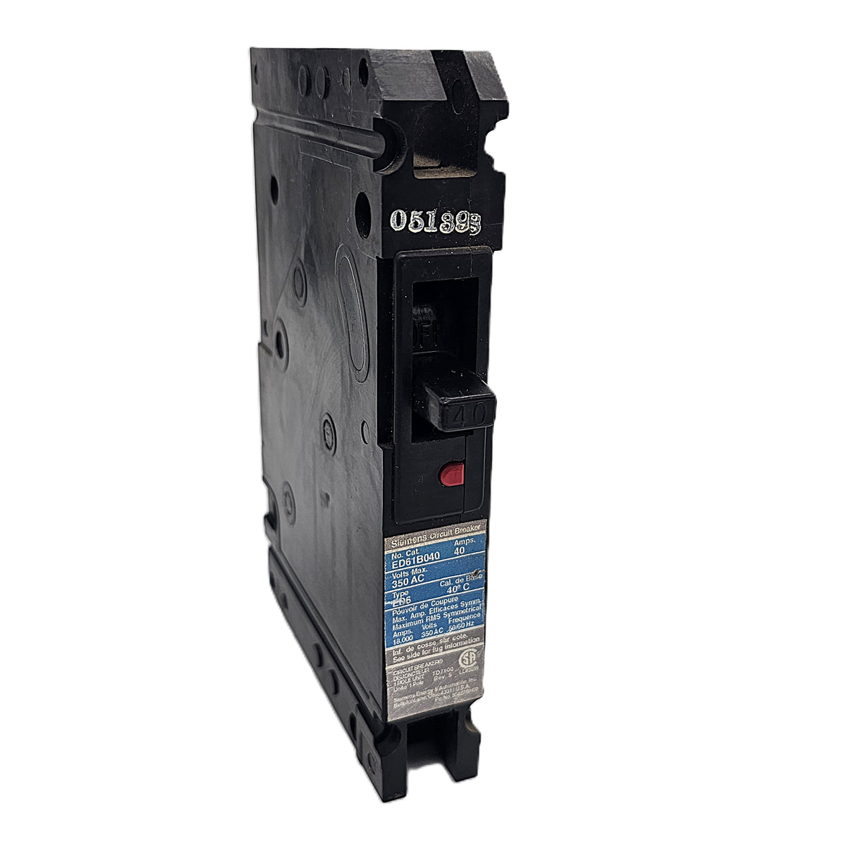 Siemens ED61B040 Circuit Breaker 1 Pole, 40 Amp, 120/240V AC, 125V DC, Bolt-On, ED6 Frame
