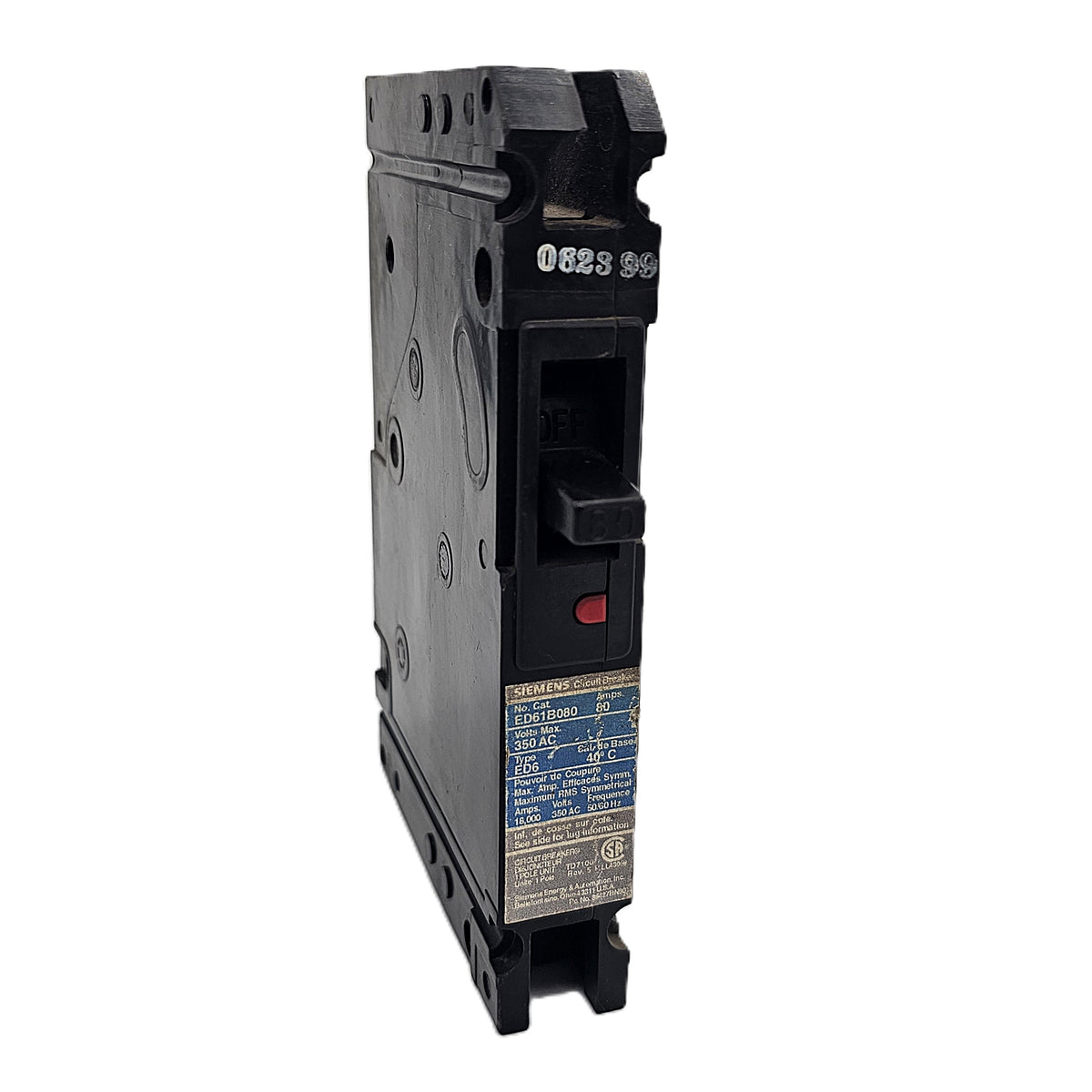 Siemens ED61B080 Circuit Breaker 1 Pole, 80 Amp, 120/240V AC, 125V DC, Bolt-On, ED6 Frame