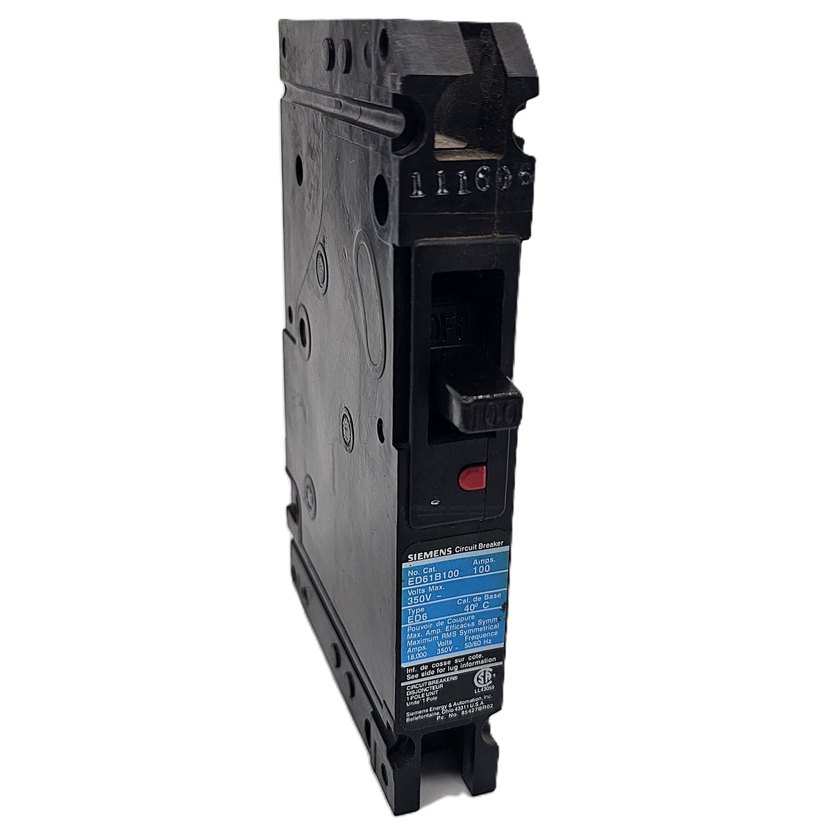 Siemens ED61B100 Circuit Breaker 1 Pole, 100 Amp, 120/240V AC, 125V DC, Bolt-On, ED6 Frame