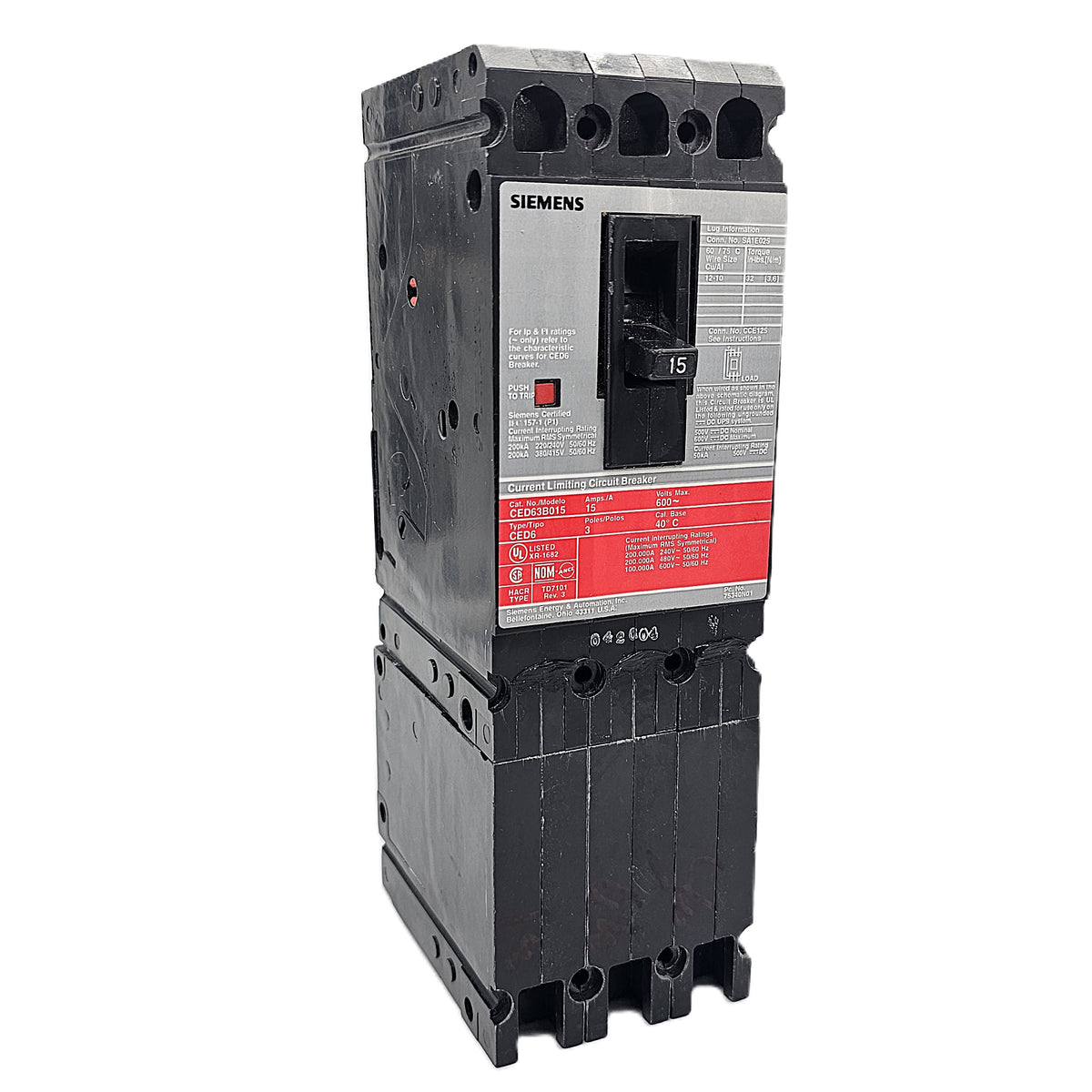 Siemens CED63B015 Circuit Breaker 3-Pole, 15 Amp, 600V AC, Bolt-On, CED6 Frame, Current-Limiting