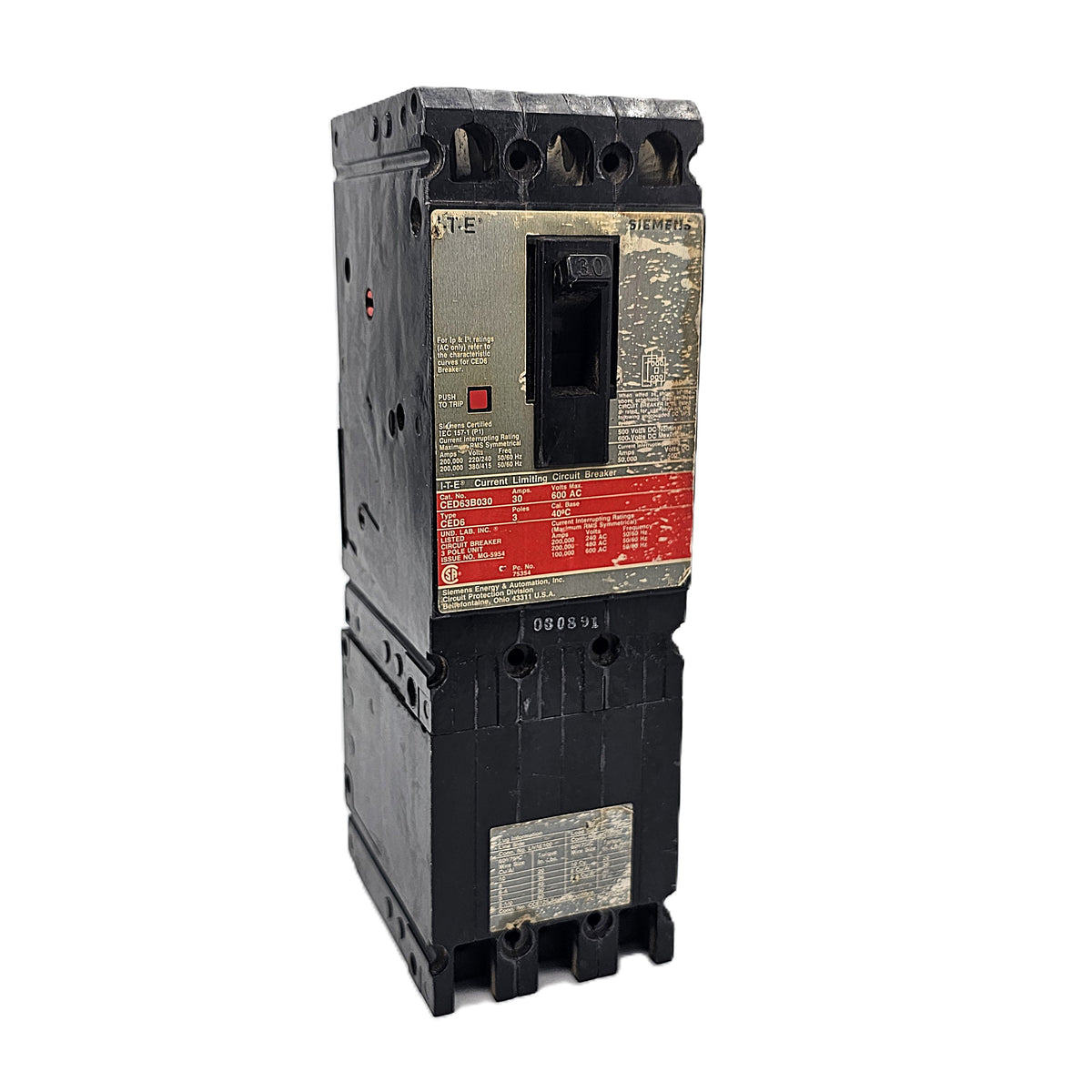 Siemens CED63B030 Circuit Breaker 3-Pole, 30 Amp, 600V AC, Bolt-On, CED6 Frame, Current-Limiting