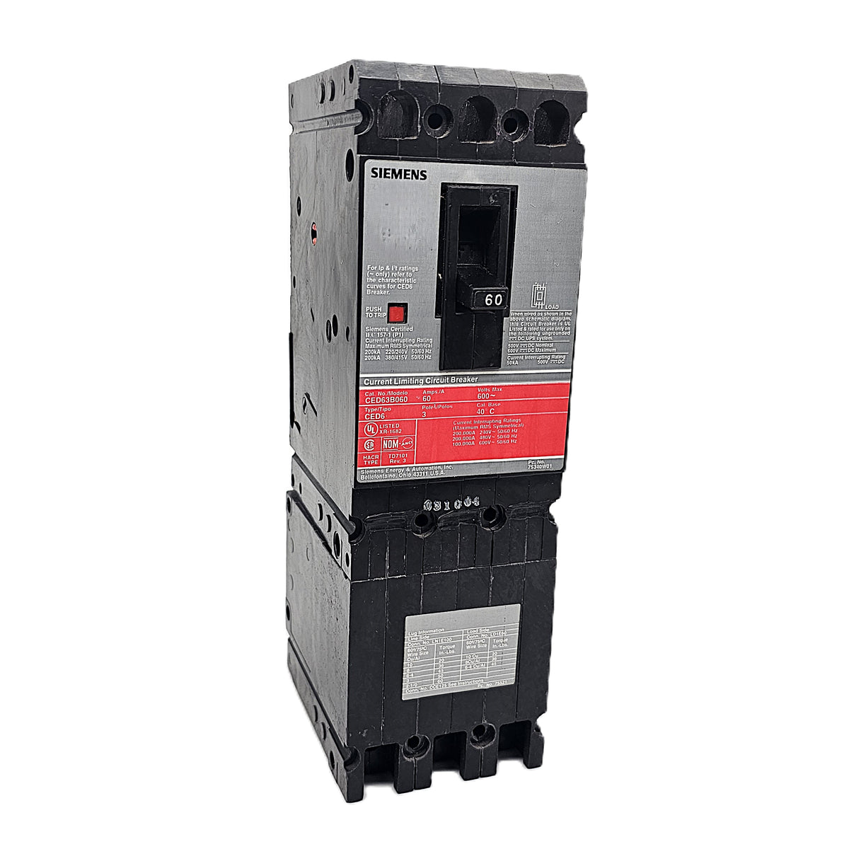 Siemens CED63B060 Circuit Breaker 3-Pole, 60 Amp, 600V AC, Bolt-On, CED6 Frame, Current-Limiting