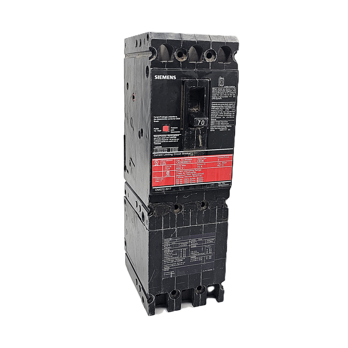 Siemens CED63B070 Circuit Breaker 3-Pole, 70 Amp, 600V AC, Bolt-On, CED6 Frame, Current-Limiting