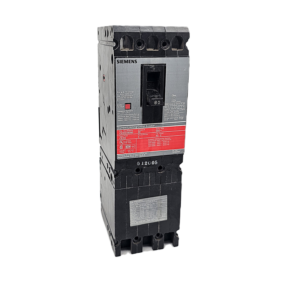 Siemens CED63B080 Circuit Breaker 3-Pole, 80 Amp, 600V AC, Bolt-On, CED6 Frame, Current-Limiting
