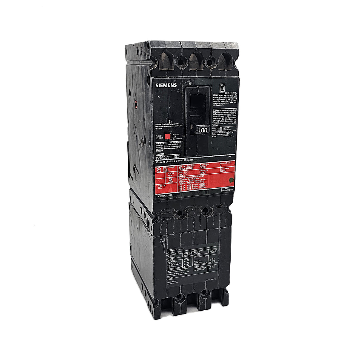 Siemens CED63B100 Circuit Breaker 3-Pole, 100 Amp, 600V AC/DC, Bolt-On, CED6 Frame, Current-Limiting