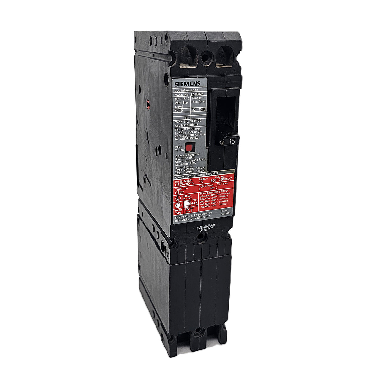 Siemens CED62B015 Circuit Breaker 2-Pole, 15 Amp, 600V AC/DC, Bolt-On, CED6 Frame, Current-Limiting)