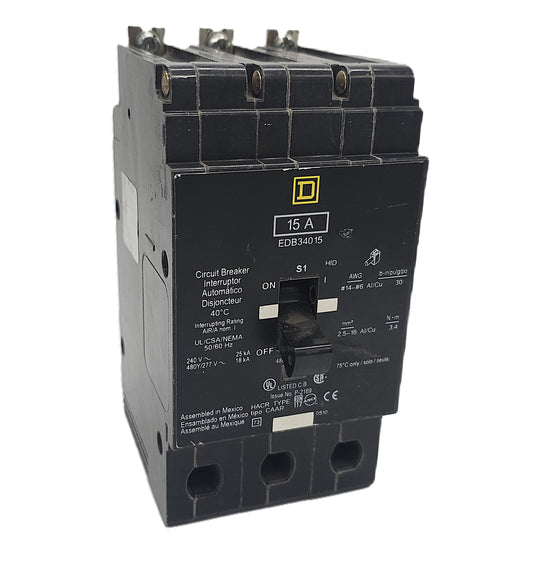 Square D EDB34015 Circuit Breaker 3-Pole, 15 Amp, 240V AC / 480Y/277V AC, Bolt-On, EDB Frame