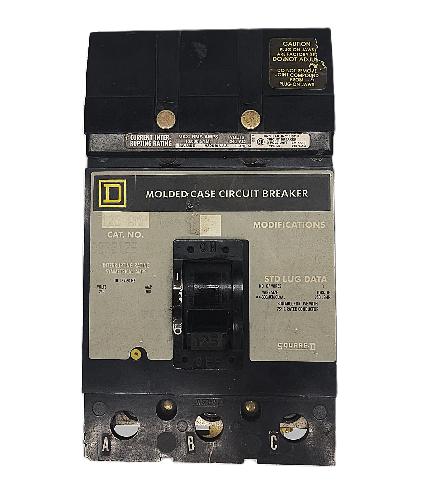 Square D Q232125 Circuit Breaker 3-Pole, 125 Amp, 240V AC, Plug-On, Q2 Frame