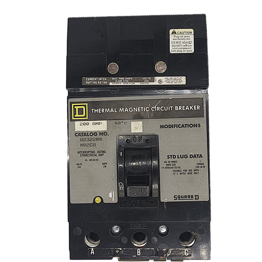 Square D Q232200 Circuit Breaker 3-Pole, 200 Amp, 240V AC, Plug-On, Q2 Frame, Thermal Magnetic