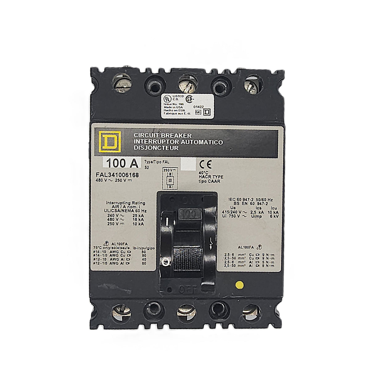Square D FAL341006168 Circuit Breaker 3-Pole, 100 Amp, 480Y/277V AC / 250V DC, FAL Frame, Bolt-On, Thermal Magnetic