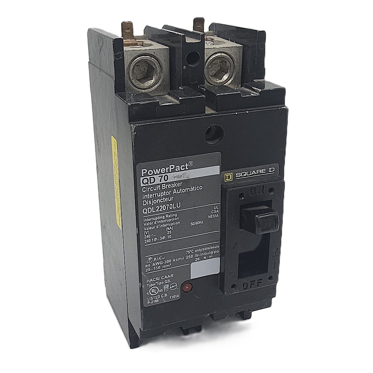 Square D PowerPact QDL22070LU Circuit Breaker 2-Pole, 70 Amp, 240V AC, QD Frame, Lug-In/Lug-Out, Thermal Magnetic