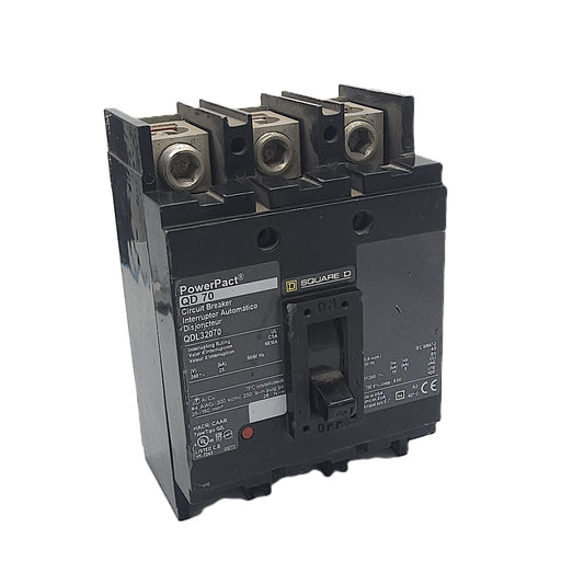 Square D QDL32070 Circuit Breaker 3-Pole, 70 Amp, 240V AC, 25kAIC, Thermal Magnetic, PowerPact QD Series, Lug-In/Lug-Out