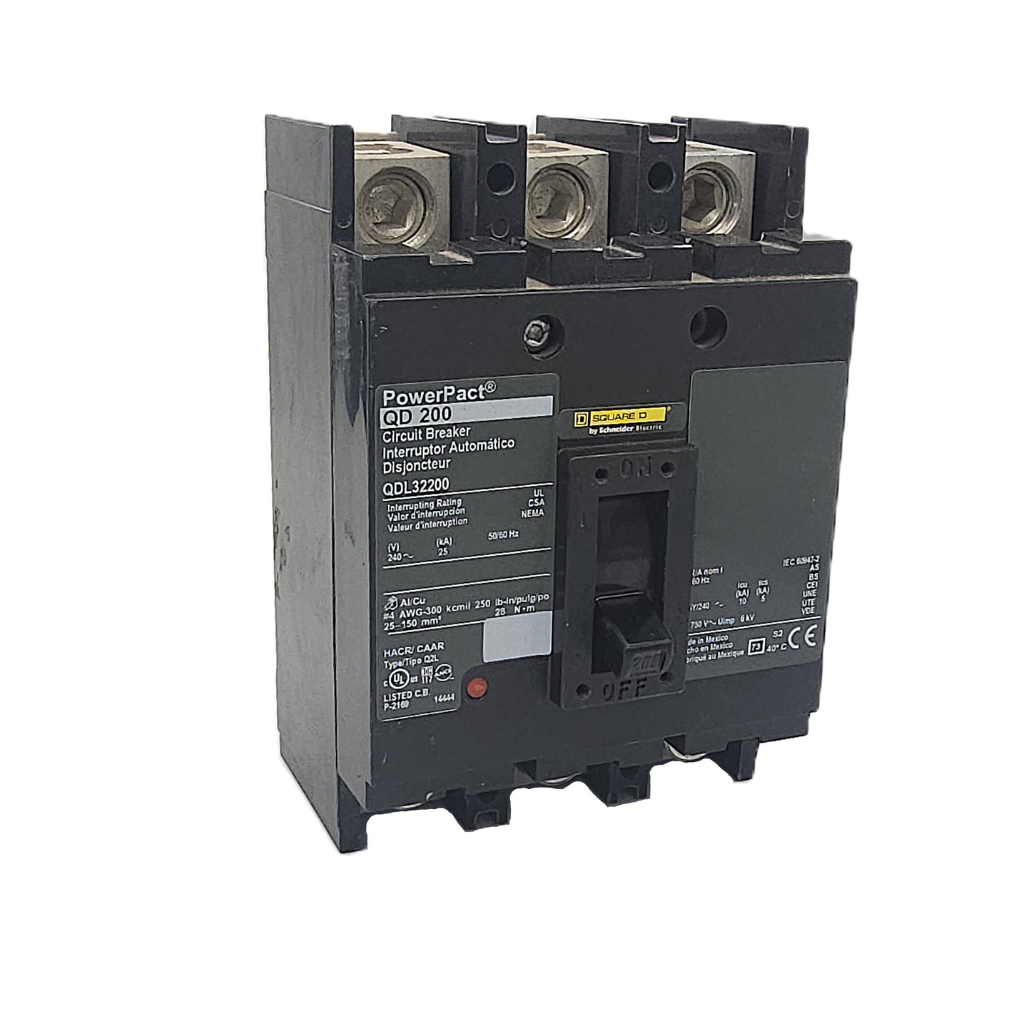 Square D QDL32200 Circuit Breaker PowerPact QD Series, 3-Pole, 200 Amp, 240V AC, 25kAIC, Lug-In / Lug-Out, Thermal Magnetic