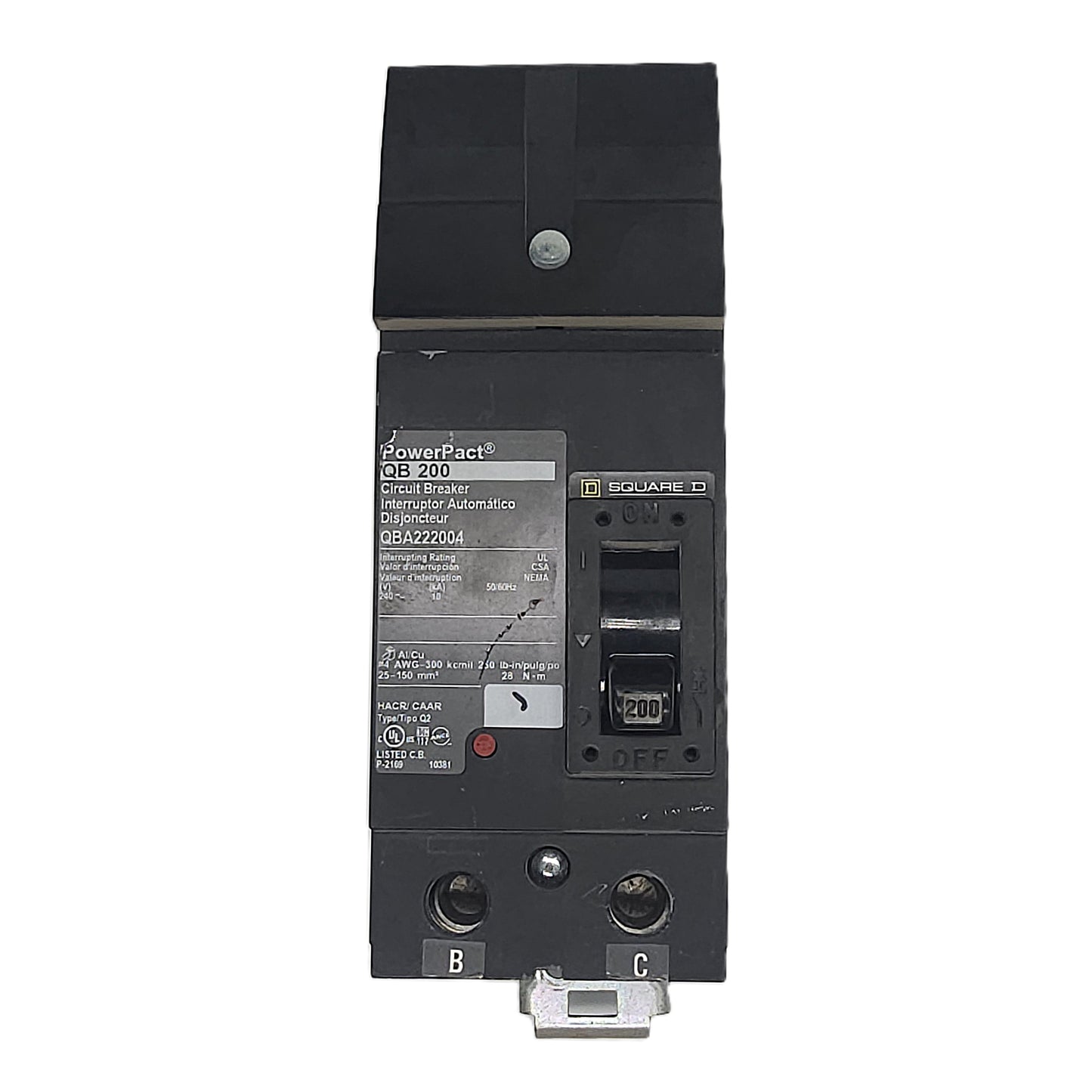 Square D QBA222004 Circuit Breaker PowerPact QB Series, 2-Pole, 200 Amp, 240V AC, 10kAIC, Bolt-On