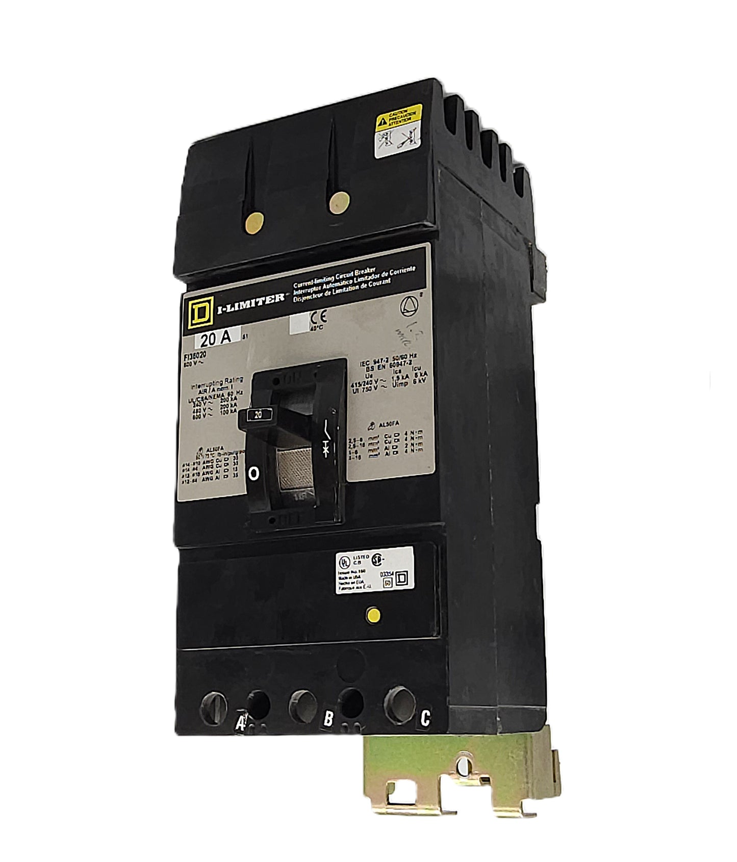 Square D I-Limiter FI36020 Circuit Breaker 3-Pole, 20 Amp, 600V AC, Thermal Magnetic, I-Limiter Series, Bolt-On